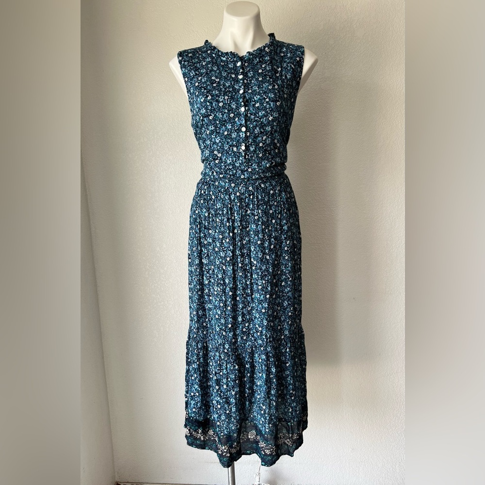 Style & Co Navy Floral Tiered Maxi Dress Sleeveless Button Front Size Large Boho - Picture 2 of 7